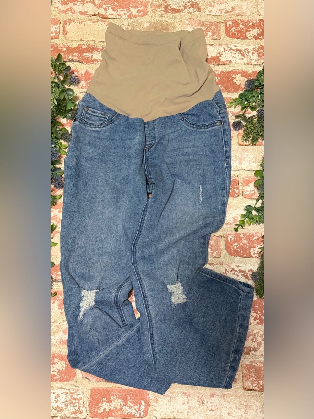 Indigo Blue Women's Skinny Maternity Jeans in Blue with Tan Panel
